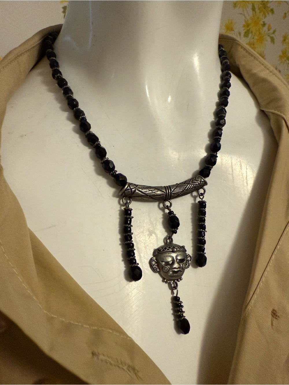 Silver & Black mask Tribal Pendant Beaded Necklace